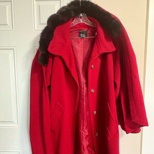 Dennis Basso Red Trench Coat with Faux Fur Collar